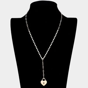 Gold Rhinestone Heart Pendant Necklace Chain Y Style Pad Lock